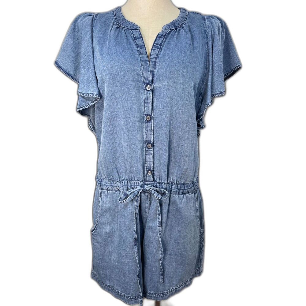 Michael Stars Mattie Denim Romper Medium Blue Cotton Flutter Sleeve Button